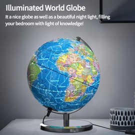 Waldauge Illuminated World Globe with Stand, 9" Earth Globes with Stable Heavy Metal Base for Kids Classroom Learning, LED Constellation Globe Night Light with HD Printed Map