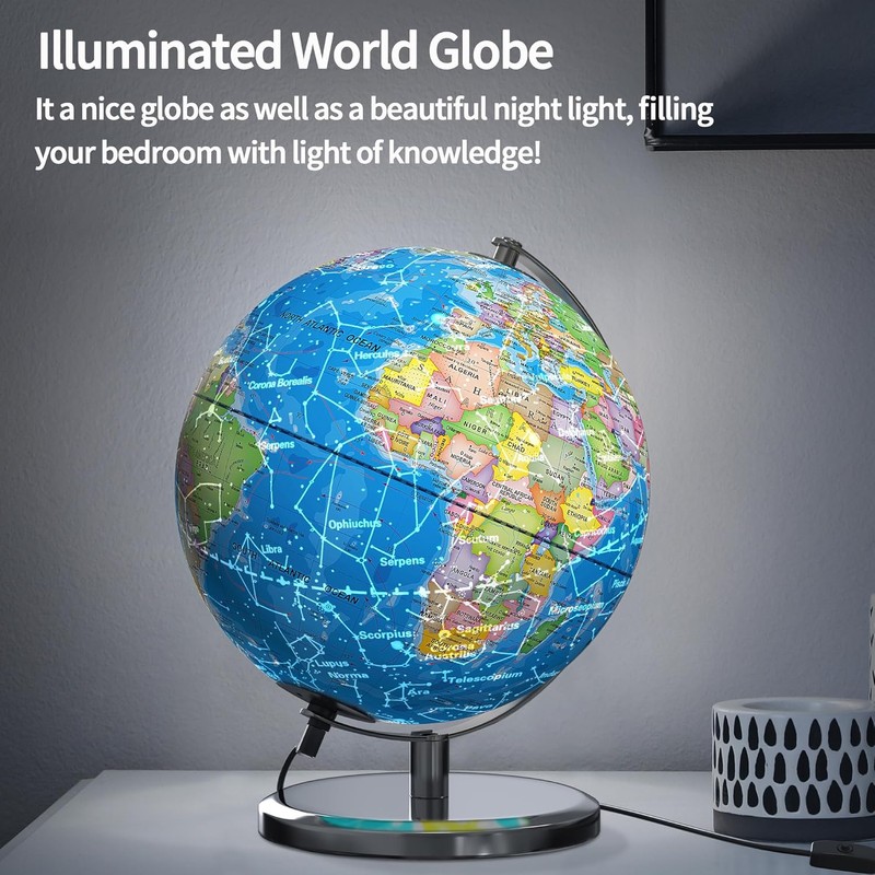 Waldauge Illuminated World Globe with Stand, 9" Earth Globes with