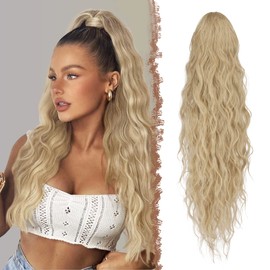 FESHFEN Long Curly Wavy Drawstring Ponytail Extensions Clip in Wavy Synthetic Hairpieces Light Brown & Blonde Drawstring Ponytail Curly Hair Piece Pony Tail Extension for Women, 26 inch