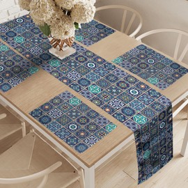 Lunarable Mosaic Table Runner & Placemats, Portuguese Azulejo Moroccan Culture Ceramic Tiles European Oriental, Set for Dining Table Decor, Placemat 4 pcs + Runner 16"x72", Purple Teal Yellow