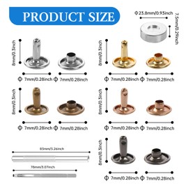 100 Sets Leather Rivets 7x8mm Metal Double Cap Snaps Fasteners with 3pcs Setting Tools for Leather Craft, DIY, Repair, Clothing, Bags, Belts, Decoration, Multi Colors