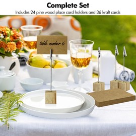 poeland Pack of 24 Wooden Card Stands with 36 Kraft Cards, Place Card Holder, Photo Clip Holder, Pine Wood Place Card Holder for Wedding Parties, Name Tags