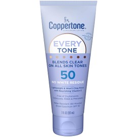 Coppertone Loción de protección solar Every Tone SPF 50, ligera, frota en protector solar transparente para todos los tonos de piel, formulado con vitamina E nutritiva, tubo de 7 onzas líquidas