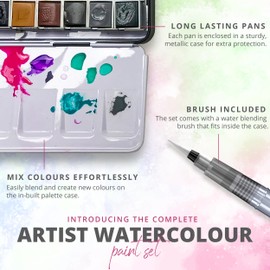 Creativepeak - Watercolour Paint Set - 24 Vibrant Watercolours with Blending Brush & Swatch Card - Portable Travel Tin & Mixing Palette for Artists - Professional Art Supplies