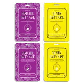 4 koreanische Gesichtsmasken: Bakuchiol Happy Mask und Vitamin Happy Mask. Behandlung mit antioxidativem, entzündungshemmenden, aufhellenden, regenerativen und seborregulatorischen Charakter.