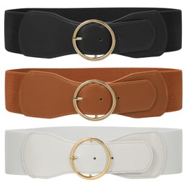 WERFORU Pack of 3 Elastic Waist Belt for Women Vintage Wide Belt for Dress Women's Stretchy Cinch Belt, Black, brown, white