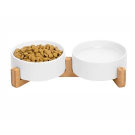 Ceramic Cat and Small Dog Bowl Set – Modern Indoor Small Size Pet Food and Water Bowls with Wood Stand – Non Slip Puppy Sized Feeding Station with Double Dishes