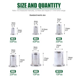 Keadic 160Pcs M3 M4 M5 M6 M8 M10 Metric Rivet Nut Assortment Kit, Aluminum Flat Head Threaded Insert Nutserts for Automotive, Furniture, Decoration