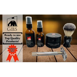 G.B.S Shaving Kit for Men with Safety Razor, Sandalwood Shaving Cream, Men’s aftershave, Pre-Shave Oil, Shaving Brush