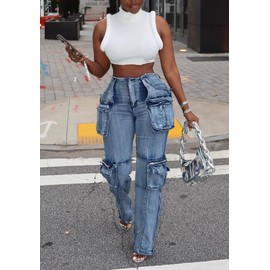 NRTHYE Women Cargo Jeans High Waist Straight Leg Trendy Stretchy Denim Cargo Pants with Pockets