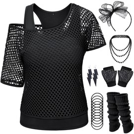 Yuriko 80s Outfit Party Costumes Fishnet Neon Off Shoulder T-Shirt Two Pieces With Fancy Dress Costume Accessories(Black 2XL)