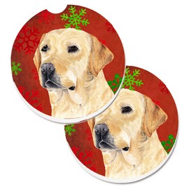 Caroline's Treasures SC9416CARC Labrador Red and Green Snowflakes Holiday Christmas Set of 2 Cup Holder Car Coasters Absorbent Sandstone Coasters for Car Cup Holders Gifts for Men or Women, Large, Mul