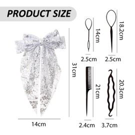 1 Sequin Bow Clip, 4 Black Hair Twisters, Women'S Bow Hair Clips, Sequin Bow Hair Accessories, Large Bow Hair Clips