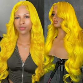 Yellow Lace Front Wig Human Hair Pre Plucked 200% Density Body Wave Blonde Lace Front Wigs Human Hair 13x4 HD Lace Frontal Wig Yellow Colored Wigs Human Hair Glueless Wig 32 Inch
