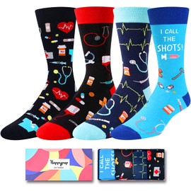 HAPPYPOP Men's Medical Socks, Doctor Gifts for Nurse, 4 Pack, Cotton, Crew, Regular, M, Not Water Resistant