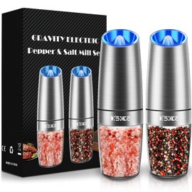 XinXu Gravity Electric Pepper and Salt Grinder Set, Salt/Pepper Mill & Adjustable Coarseness, Battery Powered with LED Light, One Hand Automatic Operation, (Set/Silver)