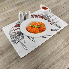 Ambesonne Tribal Place Mats Set of 4, Hand Drawn Feather Headdress with Human Skull Vintage Art, Washable Fabric Placemats for Dining Room Kitchen Table Decor, Burgundy Black White