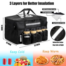 Foraineam Insulated Food Delivery Bag with 4 Cup Holders/Drink Carriers, Large Catering Thermal Bag, Pizza Warmer Carrying Case, Insulated Hot & Cooler Bags for Beverages, Grocery, Food Transport