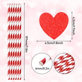 Whaline Valentine Paper Straws 60Pcs Metallic Red Drinking Straws with 60Pcs Glitter Red Heart Slices White Stripe Disposable Straws for Beverages Cocktail Wedding Birthday Party Supplies