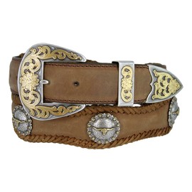 Steer Berry Longhorn Steer Conchos Western Leather Scalloped Belt 1 1/2" wide