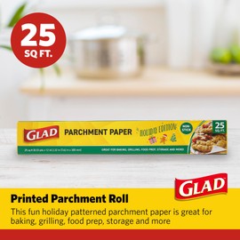 Glad Holly Jolly Printed Parchment Paper Roll – Holiday Design Parchment Paper; Baking Parchment for Christmas Cookies, Holiday Baking Paper, 25 Sq. Ft