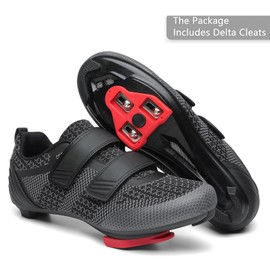 Unisex Road Bike Cycling Shoes Compatible with Peloton Shimano SPD Bike Riding Shoes for Men Women, 3 Straps, Pre-Installed Delta Cleats for Indoor Outdoor Cycling Biking Size 7 (Black-Two)