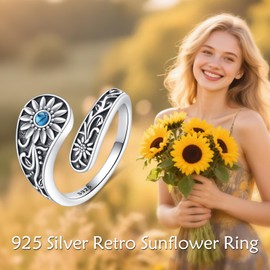 SHEAISRS Turquoise Spoon Rings Sterling Silver Sunflower Ring Vintage Boho Antique Flower Thumb Rings Jewelry for Women Wife Her