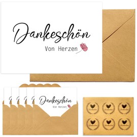 RFBEUTEL Pack of 6 Thank You Cards, Kraft Paper Envelope, Modern Folding Card, Sticker, Greeting Card with Envelopes for Teacher, Colleague, Birthday, Wedding, etc.