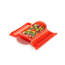Lékué 1-2 Person Steam Microwave Cooking Case with Draining Tray & 10min Cookbook (Red) 100% Silicone BPA-Free Family Portion Steam Cooking Container for Meals, Vegetables, Meat, Fish & More