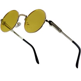 XFentech Unisex Sunglasses - Steampunk Style Round Vintage Polarised Sunglasses Retro Glasses UV400 Protection Metal Frame, B2 Gold Frame - Yellow Lenses