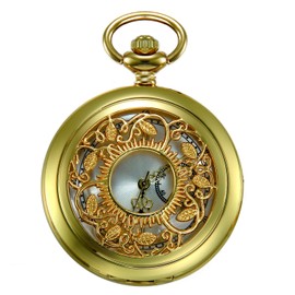 JewelryWe Father's Day Gift Pocket Watch Men's Vintage Analogue Quartz Watch Pendant with Necklace Chain Watch Pendant Pocket Watch Gift, Floral Pattern - Gold, Christmas Day, birthday