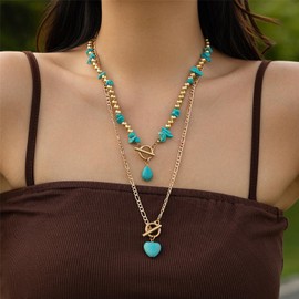 ALRNBY Layered Beaded Turquoise Choker Necklace for Women Gold Toggle Necklace with Heart Pendant Long Flat Figaro Chain Neckalce Trendy Western Jewelry