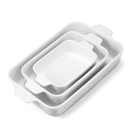 Unokit Casserole Dishes for Oven, Ceramic Baking Dishes, Rectangular Bakeware Sets of 3, Lasagna Pans Deep with Handles for Baking, Kitchen, Wedding Gift, White (8.11"/10.71"/13.98")