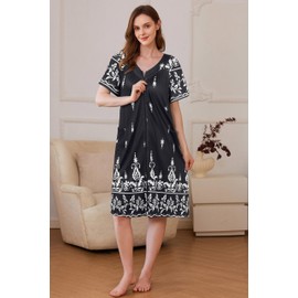 Ekouaer Women Robe Zipper Short Sleeve Robes Lightweight Nightgowns with Pockets Zip Up Duster Lounger Robe Zipper Front Bathrobe Soft Night Robe Black Floral XXL