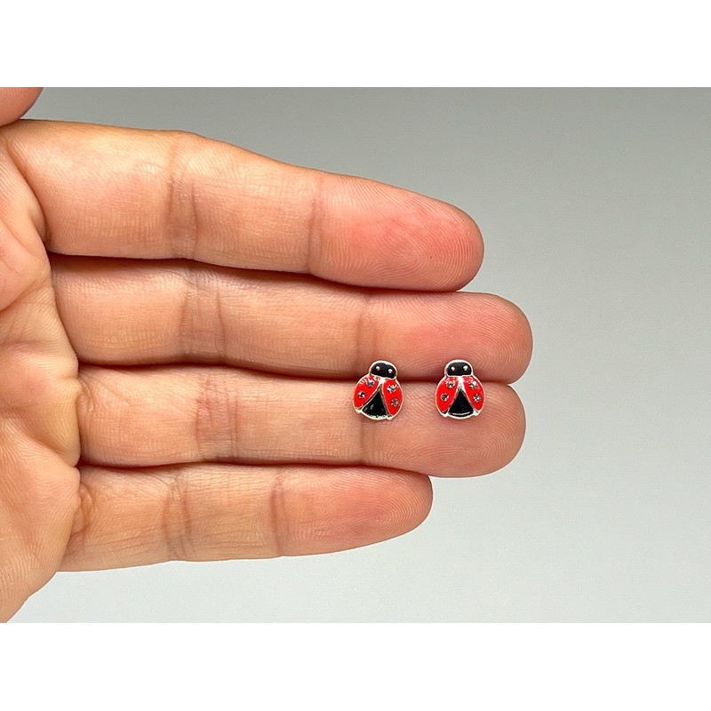 Ladybird Earrings with Crystal Stones - 925 Sterling Silver
