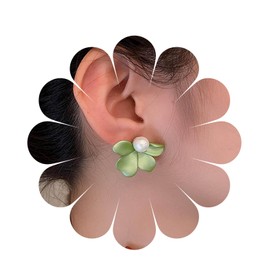 Inateannal Vintage Pearl Flower Earrings Green Flower Stud Earrings Acrylic Green Flower Earrings Matte Flower Petal Earrings Pearl Bridal Earrings Jewellery for Women and Girls, Zinc, No Gemstone