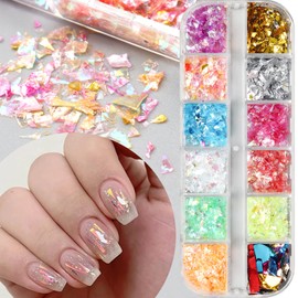 12 Grids Holographic Shell Paper Colorful Nail Art Sequins,Irregular Macron Candy Color Nail Art Flakes Sequins Gradient Bright Ice Slag Nail Sequins Aurora Glitter Powder Sequins for Nail Supplies