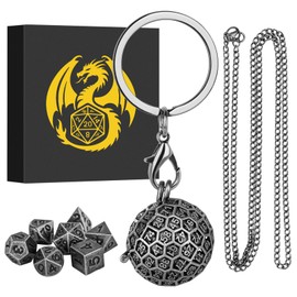 Keller & Weber Mini DND Dice Set with Spherical 100-Sides Metal Cage Portable Keychain Necklace, Tiny 7pcs Polyhedral D&D Dice Set, DND Gifts with Gift Box, D&D Accessories for RPG, Dark Silver