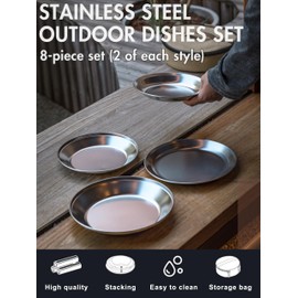 CAMPINGMOON Camping Plates 8 pack set Salad Side Dinner Plate Dishes Outdoor Tableware Stainless Steel with Canvas Case S397-2S