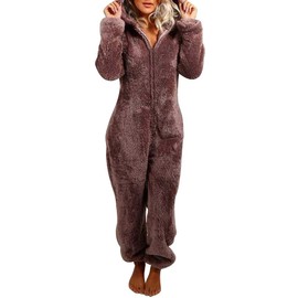 MUMUBREAL Womens Fleece Onesies Pajamas Jumpsuit Warm Sherpa Romper Sleepwear One Piece Zipper Hooded Playsuit Loungewear(Brown,XXL)