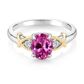 Gem Stone King 1.73 Cttw 2 Tone 10K Yellow Gold and 925 Sterling Silver Pink Created Sapphire and White Lab Grown Diamond Engagement Ring For Women | Oval 8X6MM | Available in Size 5,6,7,8,9