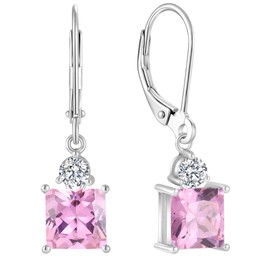 YL 925 Sterling Silver Drop Earrings 7mm Dangle Earrings For Women Square Birthstone Leverback Earrings Jewelry Gifts, Sterling Silver, created pink tourmaline