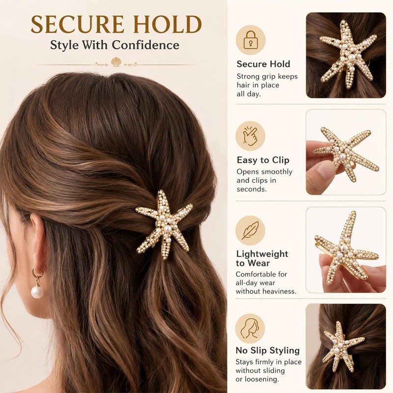 2 Pcs Starfish Pearl Hair Clip Summer Beach Gold Hair