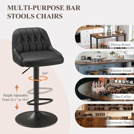 MALOL Bar Stools Set of 3, Swivel Bar Chairs, Modern Adjustable PU Leather Upholstered Barstools Counter Height with Tufted Back for Bar, Kitchen Counter Island, Dining Room, Black