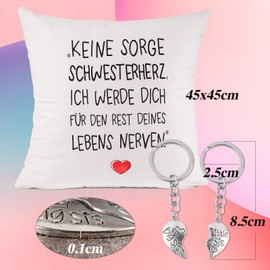 BETESSIN 45 x 45cm Kissenbezug Lustige Sprüche Kissenhülle mit 1 Paare Metall Big-Little Sis Herzförmige Schlüsselanhänger Schwestern Geschenk zum Geburtstag Weihnachten usw.