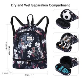 HAWEE Dry Wet Drawstring Backpack with Shoe Compartment for Women and Men Waterproof Yoga String Bag Outdoor Sports Rucksack for Gym/Beach/Swim Pool, Tropical Flower