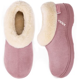 EverFoams Women's Micro Suede Cozy Memory Foam Winter Slippers with Fuzzy Faux Fur Collar and Indoor Outdoor Rubber Sole Pink,8.5 US