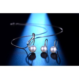 Freshwater Pearl Jewellery Set Earrings Necklace Solid 925 Silver for Women, Silver, Pearl
