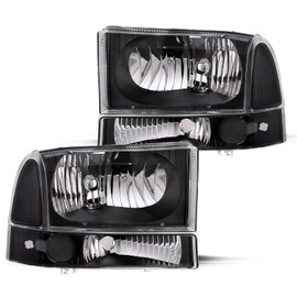 JSBOYAT Headlight Assembly Replacement for 99-04 Ford F250 F350 F450 F550 Super Duty / 00-04 Ford Excursion Headlamp Driver & Passenger Side (Black Housing with Clear Reflector)