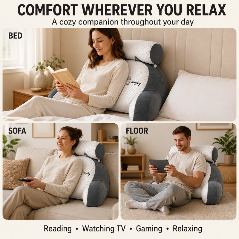 Ergonomic Reading Pillow for Bed, Sofa & Chair, Supportive Backrest